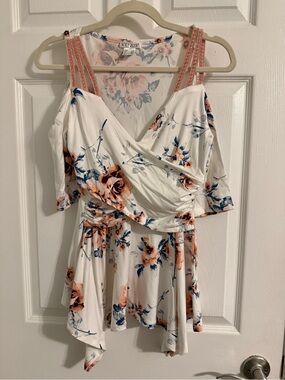 VENUS White Floral Cold-Shoulder Wrap Top with Peach and Navy Blooms